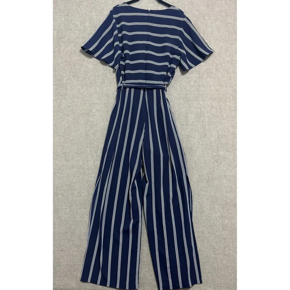Monteau Jumpsuit Womens Large Striped Wide Leg Belted Short Sleeve One‎ Piece